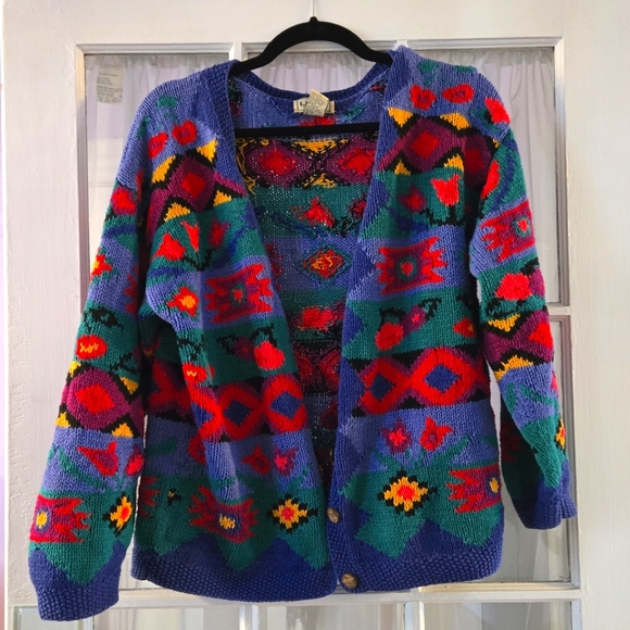Vintage L.L. Bean Sweater Cardigan Colorful Button Up Geometric VTG - Picture 1 of 10